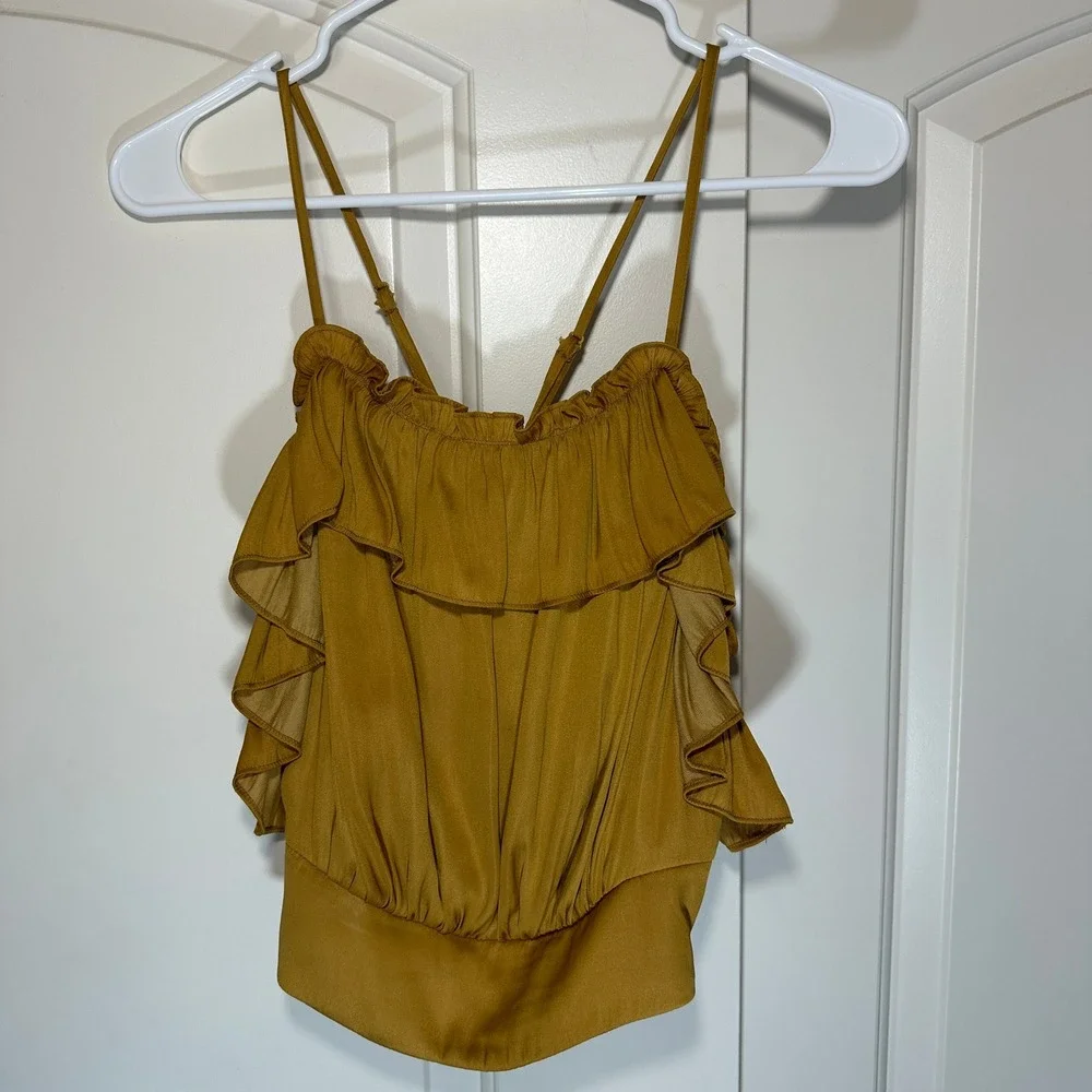 Free People Ruffle Cami Top Womens Medium Mustard Yellow Smocked‎ Cropped Satin